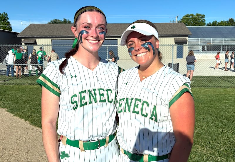 Seneca's Hayden Pfeifer (left) and Emma Mino (right) starred in the Fighting Irish softball team's 10-0, five-inning win over St. Bede on Tuesday, May 26, 2026, in the Class 2A Pontiac Sectional.