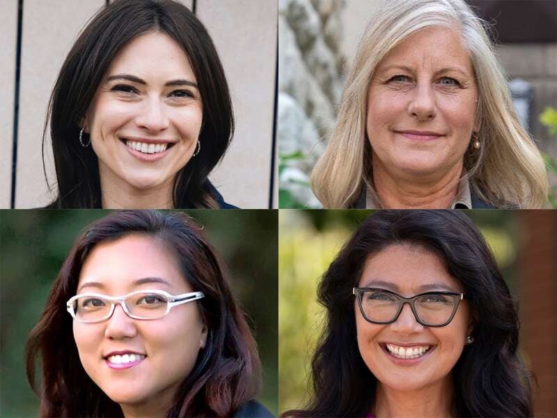 The Democratic candidates in the 2026 primary election for Illinois comptroller are top from left, Margaret Croke and Stephanie Kifowit, and bottom from left, Holly Kim and Karina Villa.