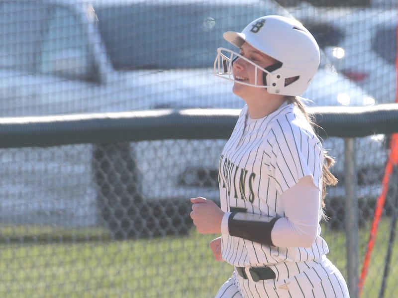 St. Bede's Macy Hartt squeezes the ball to make an out against Midland on Thursday, March 21, 2024 at St. Bede Academy.