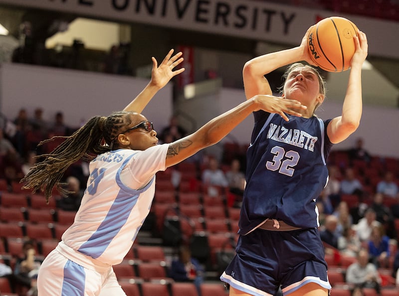 Nazareth’s Stella Sakalas puts up a shot over Belleville East’s Saudia Brock Friday, March 6, 2026, in the Class 4A girls state semifinal game at CEFCU Arena at ISU.