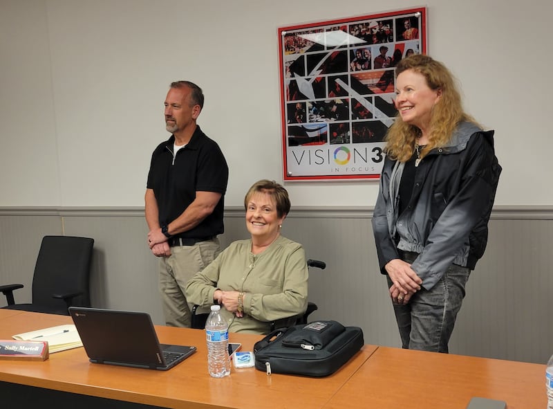 Bradley-Bourbonnais Community High School Board members Jim Patterson, Sally Martell and Ann Brezinski take an oath of office on May 12, 2025.