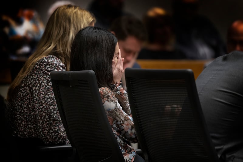 Brittany Ramos reacts to the $31.5 million dollar verdict the jury awarded her Friday, Nov. 14, 2025, in her husband’s wrongful death suit against retired Rock Falls Fire Chief Cris Bouwens and current Chief Ken Wolf and the City of Rock Falls.