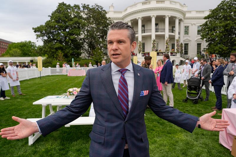 Defense Secretary Pete Hegseth speaks on the South Lawn of the White House before President Donald Trump and first lady Melania Trump participate in the White House Easter Egg Roll Monday, April 21, 2025, in Washington. (AP Photo/Alex Brandon)