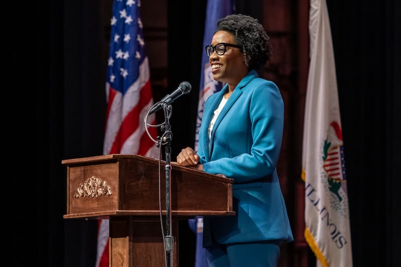 U.S. Congresswoman Lauren Underwood shares congratulatory remarks during the Naturalization Ceremony at Rialto Square Theatre in Joliet on April 17, 2025.