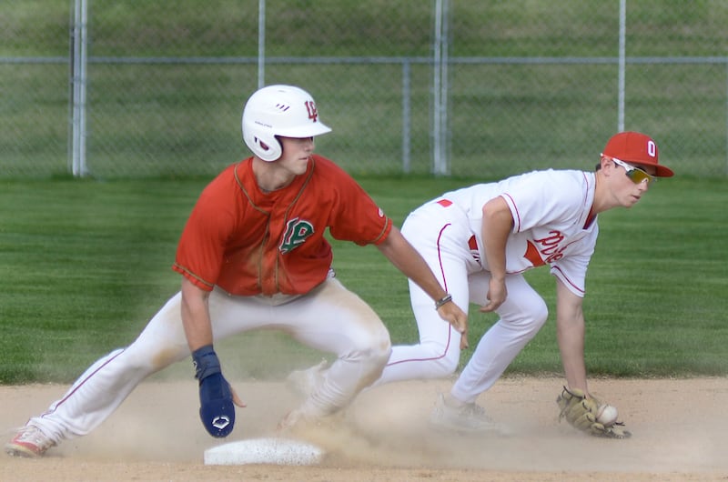 LaSalle Peru’s Griffin May gets into 2nd base safely as Ottawa’s Lucas Farabaugh receives the throw on a stolen base Monday at Ottawa.