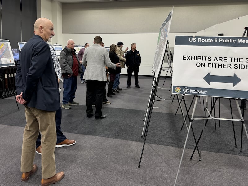 Engineers, Will County employees, Village of Channahon employees, and concerned citizens discuss potential changes to US Route 6 between East Frontage Road and Terminal Court in Channahon and Joliet.