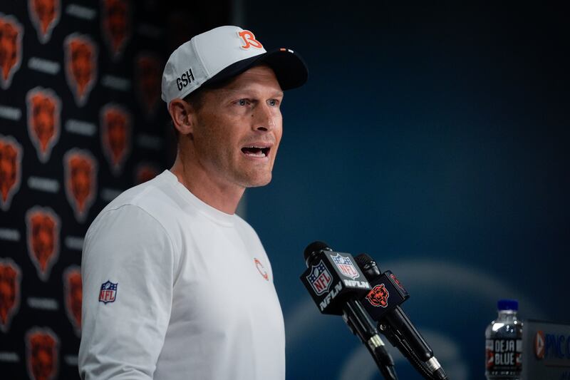 Chicago Bears head coach Ben Johnson speaks during a press conference at NFL football training camp Thursday, July 24, 2025, in Lake Forest, Ill. (AP Photo/Erin Hooley)