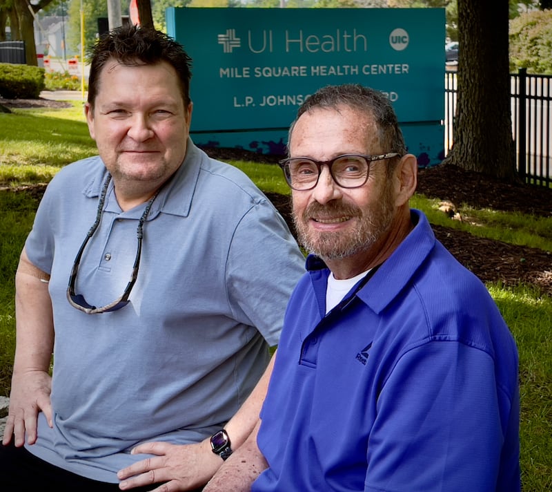 Vinny Falcone, left, donated a kidney to his old friend, Mike Baber, on April 7, 2025, after reading a news story in December and undergoing months of testing to ensure a match.