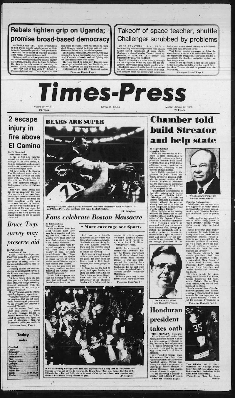 The cover of the Streator Times-Press for January 27, 1986