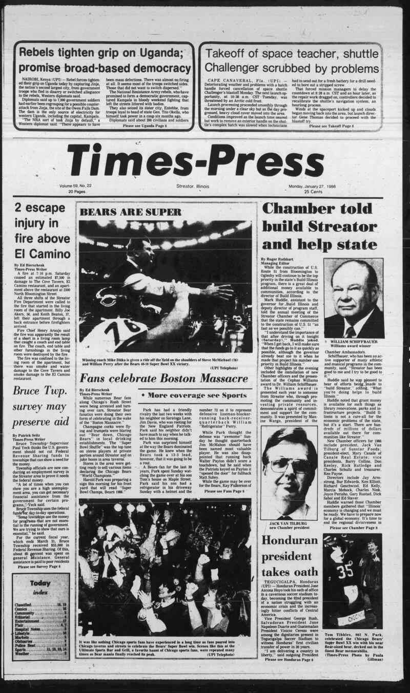 The cover of the Streator Times-Press for January 27, 1986