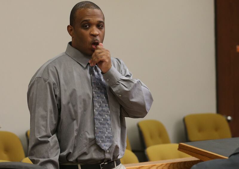 Tyler Skerett walks into the La Salle County Courtroom on Tuesday, Oct. 7, 2025 at the La Salle County Government Complex in Ottawa. Skerett is charged with shooting and illing a 17-year-old boy on Easter Sunday this year.