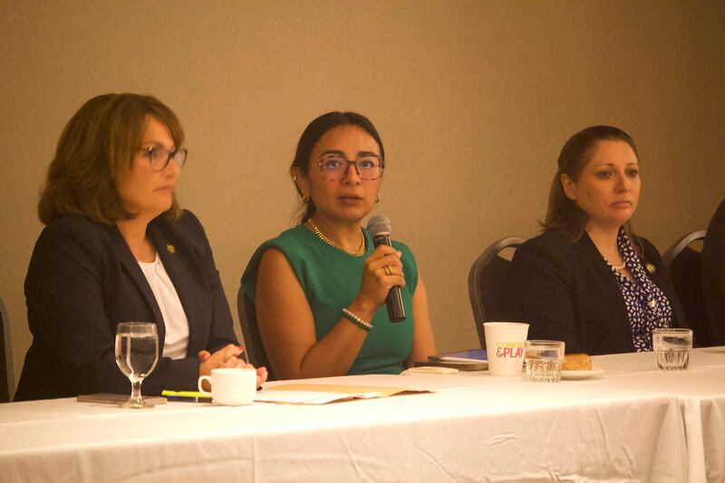 State Sen. Meg Loughran Cappel (left), State Rep. Dagmara Avelar and State Sen. Rachel Ventura on Wednesday, June 25, 2025, at Harrah's Casino in Joliet. The Joliet Region Chamber of Commerce Industry hosted an event the lawmakers addressed several topics, including the state budget.