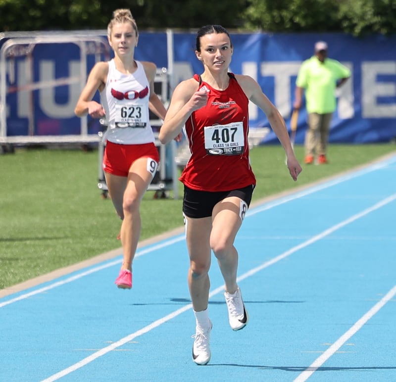 Henry-Senachwine’s Daniella Bumber finishes in third place the 400 m dash during the IHSA Class 1A Girls Track & Field State Finals on Saturday, May 24, 2025.