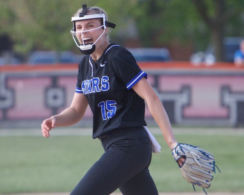 St. Charles North's Paige Murray reacts to a strikeout against St. Charles East on Wednesday May 14,2025 in St. Charles.