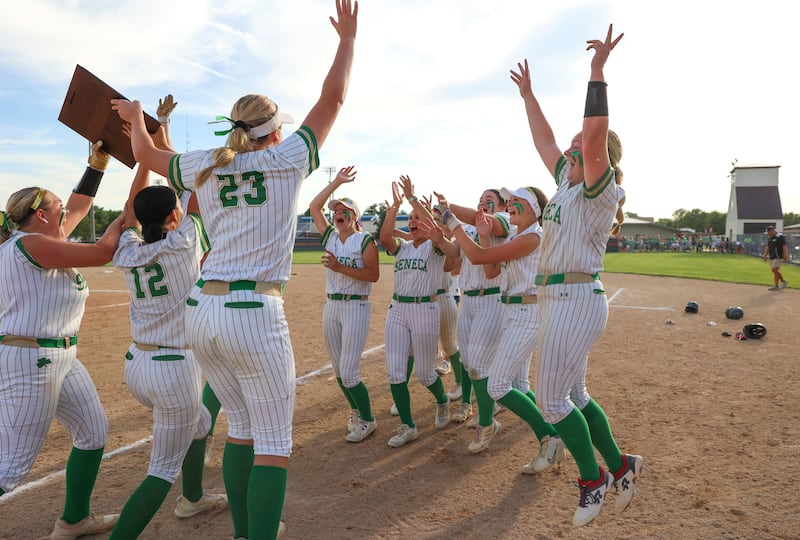 Seneca players rejoice as they secured a 6-5 victory over Beecher in the IHSA Class 2A Pontiac Sectional championship on Friday, May 29, 2026.