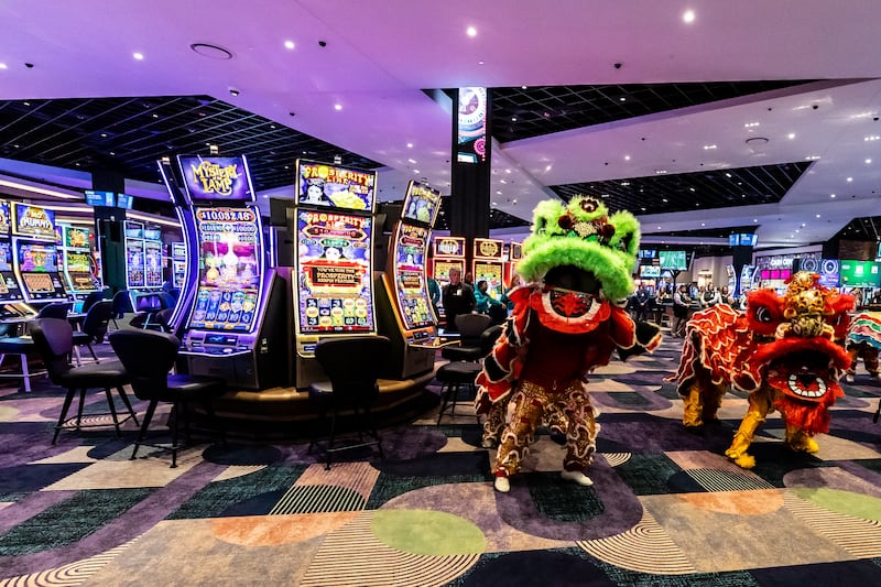 A traditional Lion Dance, performed by Wong's Lion Dance Association, brings good fortune to Hollywood Casino Joliet during the Grand Opening Ceremony on Aug. 11, 2025.