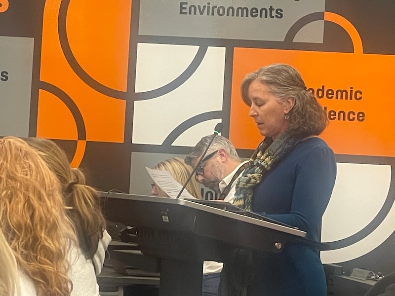 Founders Elementary School teacher Denise Oesterlin addresses the DeKalb School District 428 Board Nov. 18, 2025, with her concerns over the district's plans for reconfiguring grade-level centers.