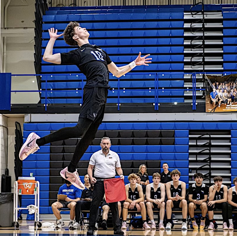 Lincoln-Way East's Matthew Muehlnickel goes up for one of his 300 kills this season.