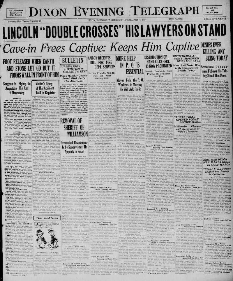 The cover of the Dixon Evening Telegraph for Feb. 4, 1925
