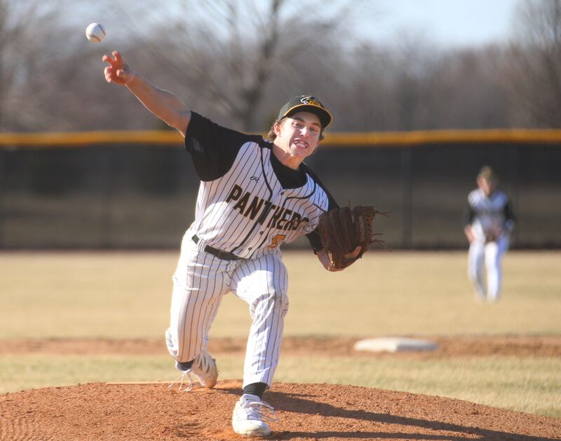 Putnam County pitcher Johnathon Stunkel lets go of a throw to Hall on Monday, March 17, 2025 at Putnam County High School.