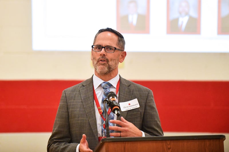 Bradley Elementary District 61 superintendent Chris Hammond speaks Tuesday at a community stakeholder event at Bradley West Elementary.