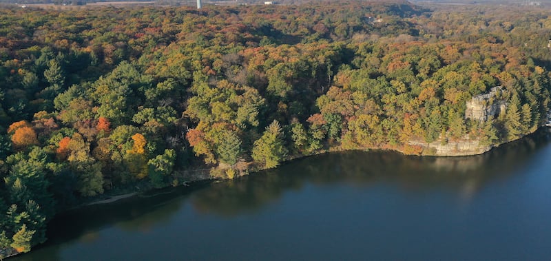 An aerial view of the fall colors near Lovers Leap on Friday, Oct. 31, 2025 at Starved Rock State Park.