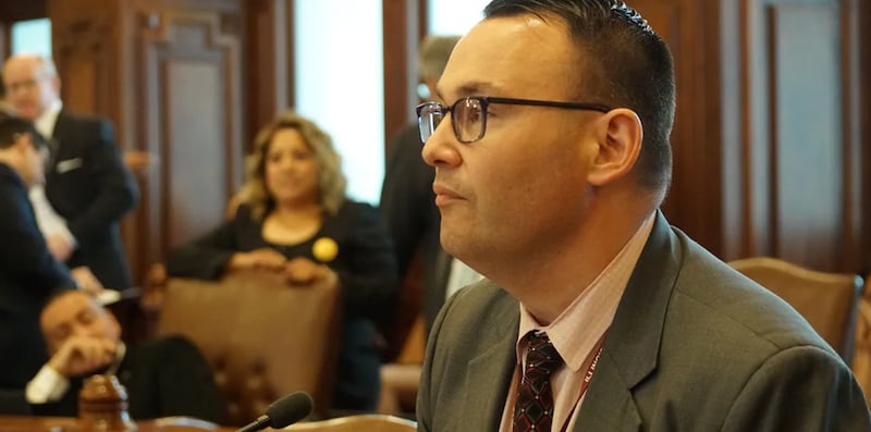 State Sen. Mike Porfino, D-Lyons Township, speaks on the Senate floor Wednesday in favor of his bill to limit the use of AI in community college instruction.