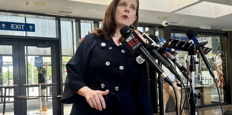 Cook County State’s Attorney Eileen O’Neill Burke addresses reporters on Thursday, May 21, 2026 in the Cook County criminal courthouse.
