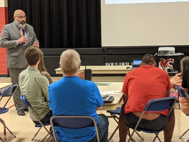 Oswego School District 308 Superintendent Andalib Khelghati, left, speaks during a June 2 town hall meeting at Boulder Hill Elementary School about a proposal to put a $317 million bond referendum on the Nov. 3 general election ballot to address aging infrastructure needs throughout the district.