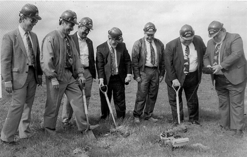 1995: Ground was broken for the new Kendall County courthouse near Rt. 34 and Cannonball Trail. Shown left to right, Judge Grant Wegner, County Board Chairman James Boan, County Board members Jim Detzler, William Page, Don Hausler, Chief Circuit Judge Gene Nottolini and Board member Robert Davidson Jr.