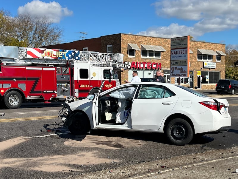 One of the vehicles heavily damaged in a multi-vehicle crash on West Jefferson Street near Reed Street in Joliet on Oct. 30, 2025.