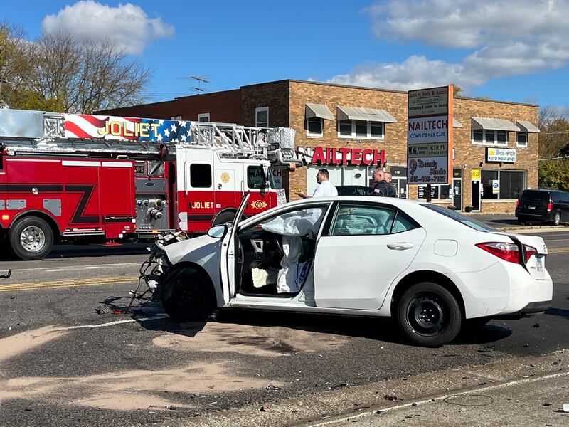One of the vehicles heavily damaged in a multi-vehicle crash on West Jefferson Street near Reed Street in Joliet on Oct. 30, 2025.