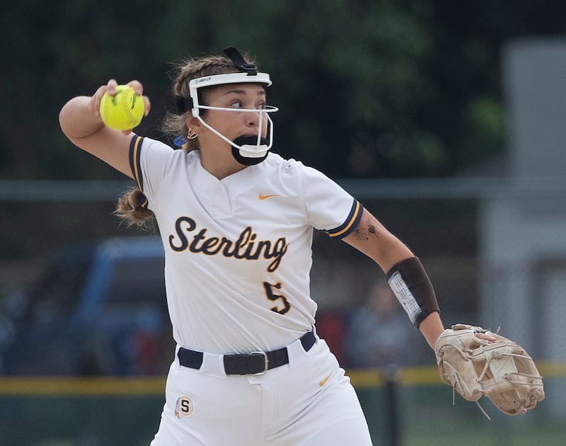 Sterling’s Mya Lira fires to first for an out against Belvidere North Friday, May 30, 2025, in the Class 3A Regional final in Dixon.