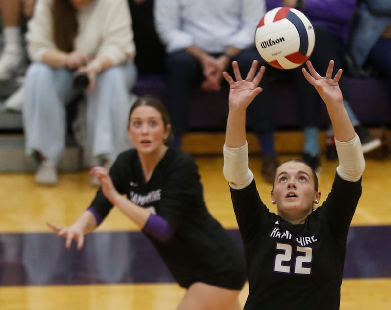 Hampshire's Kylie Lambert sets the ball during an IHSA Class 4A Hampshire Sectional semifinal volleyball match against Mundelein on Tuesday, Nov. 4, 2025, at Hampshire High School.