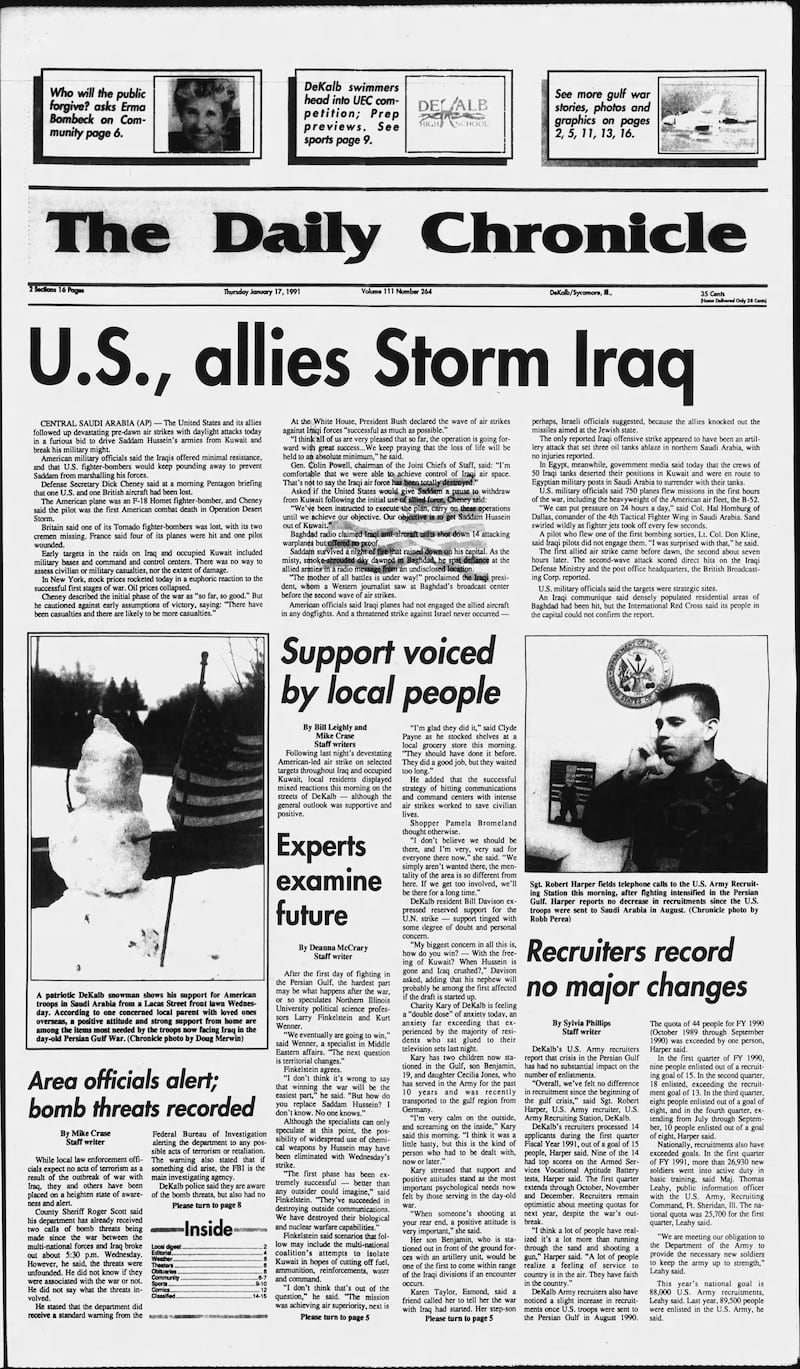 The cover of the Daily Chronicle for January 17, 1991