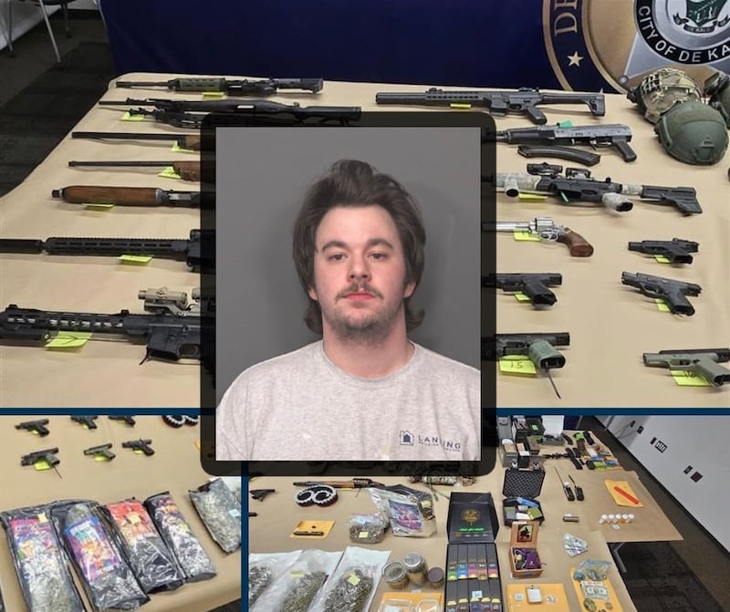 Michael K. Lange, 28, of DeKalb, was charged on Feb. 28, 2026, after police found dozens of firearms, ammunition, large amounts of drugs, body armor and suspected explosives at a DeKalb home. Photos provided by DeKalb Police Department.