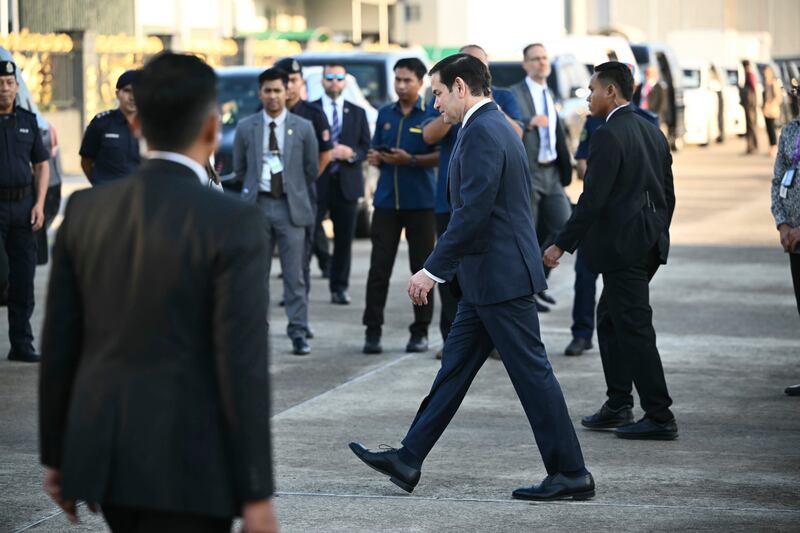 U.S. Secretary of State Marco Rubio, center, arrives at Subang Air Base, outside of Kuala Lumpur Thursday, July 10, 2025. Rubio arrived in Malaysia to attend the ASEAN Foreign Ministers' Meeting. (Mandel Ngan/Pool Photo via AP)