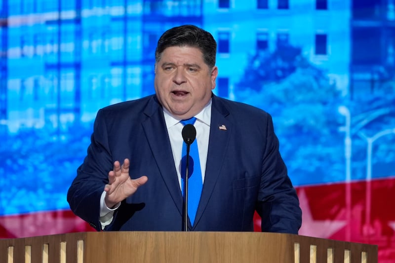 Illinois Gov. JB Pritzker speaking during the Democratic National Convention Tuesday, Aug. 20, 2024, in Chicago. (AP Photo/J. Scott Applewhite)