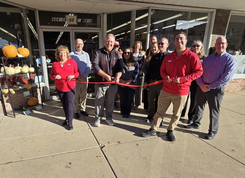 The Streator Chamber of Commerce hosted a ribbon cutting ceremony Monday, Oct. 27, 2025, in front of Streator Ace Hardware to celebrate the new ownership and recent store improvements. Pictured in the ribbon cutting are (from left) Maria Amir, owner of Ace Hardware; Derek Barichello, executive director of the Streator Chamber of Commerce; Chris Amir, owner of Ace Hardware; Steve Dickey, manager at Ace Hardware; Jane Kreier, manager at Ace Hardware; Lori Snell, vice president of the Streator Chamber; Dan Thorpen, maintenance director at Ace Hardware; Dana Stillwell, Chamber ambassador; Jason Jones, manager at Ace Hardware; Trevor Amir, owner of Ace Hardware, Judy Booze, Chamber ambassador; and Ben Hiltabrand, president of the Streator Chamber.