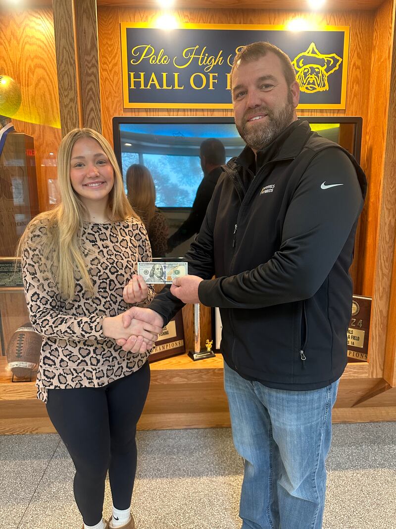 Jocelyn Bogatitus was recently named the November Student of the Month at Polo Community High School. Bogatitus (left) is pictured with Polo Schools Foundation Board Member Steve Sheaffer.