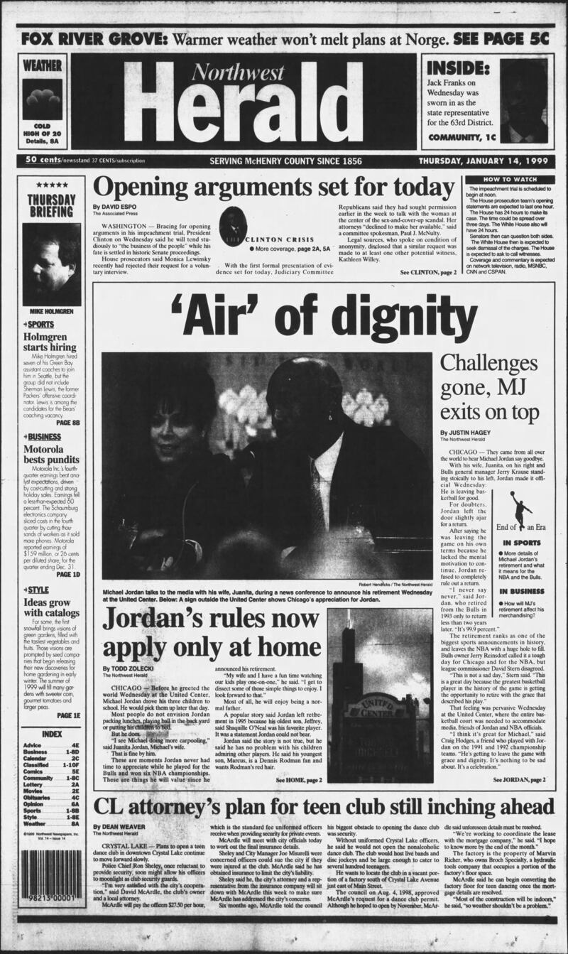 The cover of the Northwest Herald on Jan. 14, 1999
