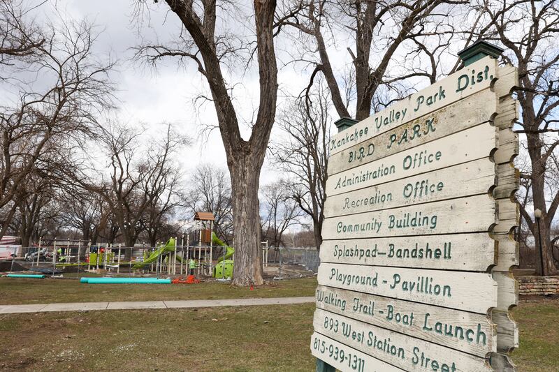 Work progresses at Bird Park in Kankakee as part of the $1.2 million project at the Kankakee Valley Park District’s flagship site on March 26, 2025. The upgraded playground will be rejoined by the splash pad as well as a meditation garden and improvements at the Don Palzer Band Shell and the baseball fields located on the park’s north side.