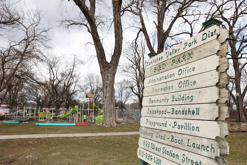 Work progresses at Bird Park in Kankakee as part of the $1.2 million project at the Kankakee Valley Park District’s flagship site on March 26, 2025. The upgraded playground will be rejoined by the splash pad as well as a meditation garden and improvements at the Don Palzer Band Shell and the baseball fields located on the park’s north side.