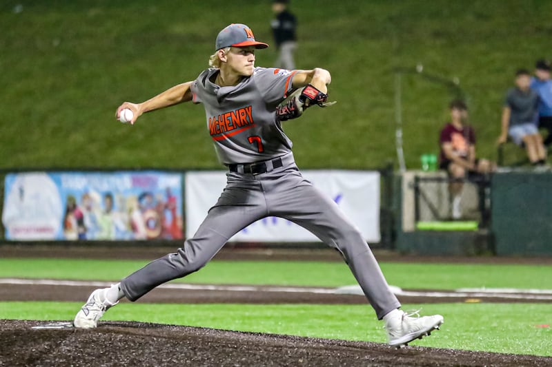 McHenry's Brandon Shannon (7) delivers a pitch during a Class 4A state semifinal between Brother Rice and McHenry on Monday, June 13, 2025, in Joliet.
