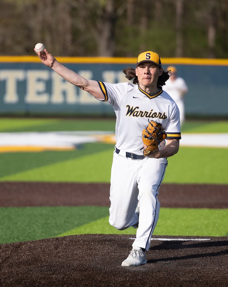 Sterling’s Eli Penne fires a pitch against United Township last season.