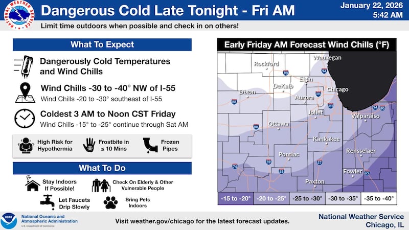 Dangerous cold will hit northern Illinois late Thursday night into Friday morning, according to the National Weather Service
