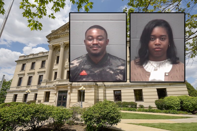 Former DeKalb County Board member Savannah Ilenikhena (right) and her husband Bartholomew Ilenikhena (left), a former DeKalb County Sheriff's deputy, are charged with defrauding the pandemic-era Paycheck Protection Program, court records show. (Inset photo provided by DeKalb County Jail)