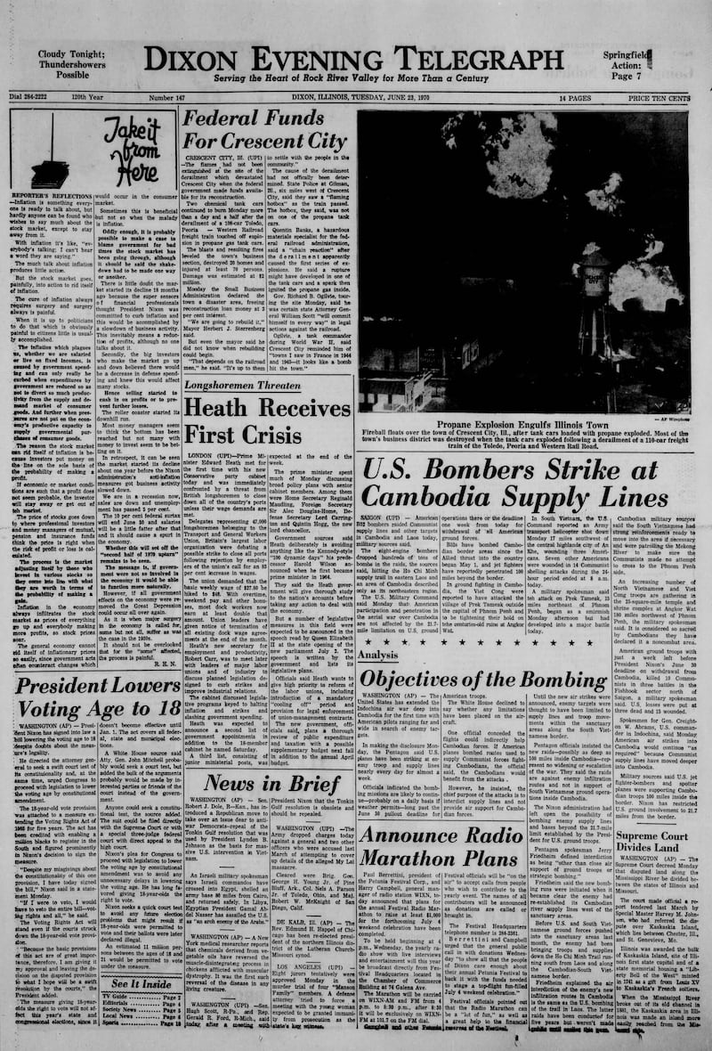 The cover of the Dixon Evening Telegraph for June 23, 1970
