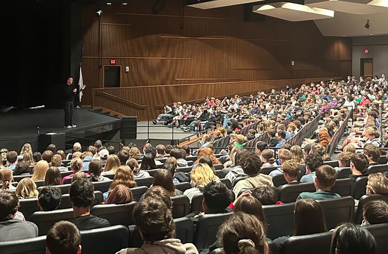 Former NBA player and motivational speaker Chris Herren talks to junior high students during a presentation on Wednesday, May 7, 2025 at Illinois Valley Community College in Oglesbry. Herren battled substance abuse during his time as a college basketball player, international leagues and in the NBA.