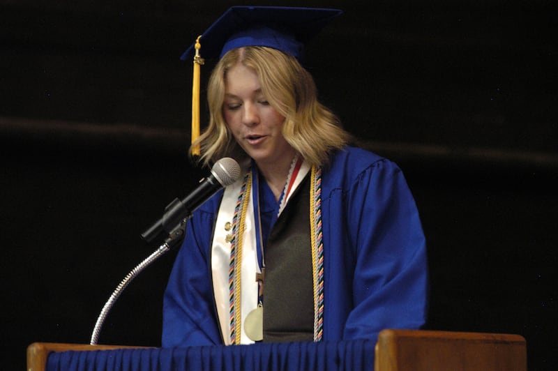 Senior Speaker Grace Tobias talks to the Newman High School Class of 2026 on Wednesday, May 20, 2026, during commencement.
